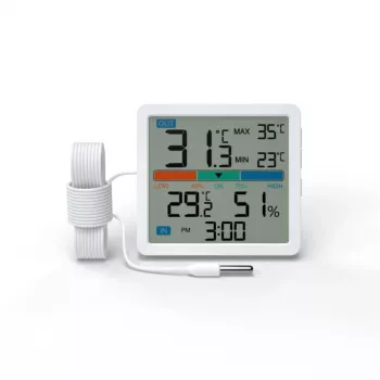 Termómetro higrómetro MANTA MTO002W con sensor exterior (150 cm), interior 0–+50 °C, exterior -40–+70 °C, humedad 20–95 % RH, indicador de confort, reloj