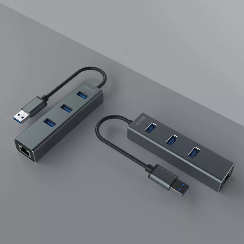 Hub USB-A SAVIO con RJ-45 Gigabit Ethernet AK-57 — 3× USB-A + RJ-45, host USB 3.2 Gen 1 Micro‑B, 5 Gbit/s, 4 puertos, gris