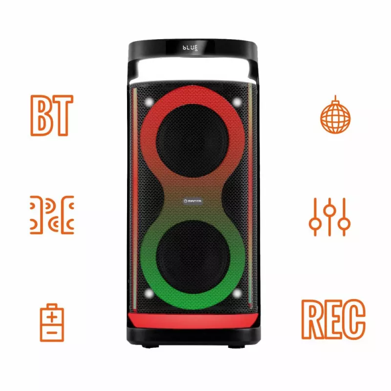 Altavoz portátil MANTA SPK0601B100, 100 W, Bluetooth, karaoke, micrófono inalámbrico, batería, ecualizador, iluminación disco
