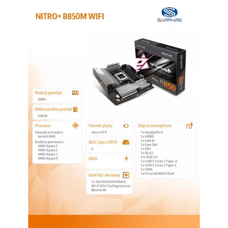 Placa base Sapphire NITRO+ B850M WIFI — AMD B850, zócalo AM5, micro ATX, DDR5, 4x DIMM, Wi‑Fi 6, 2,5Gb LAN, 2x M.2