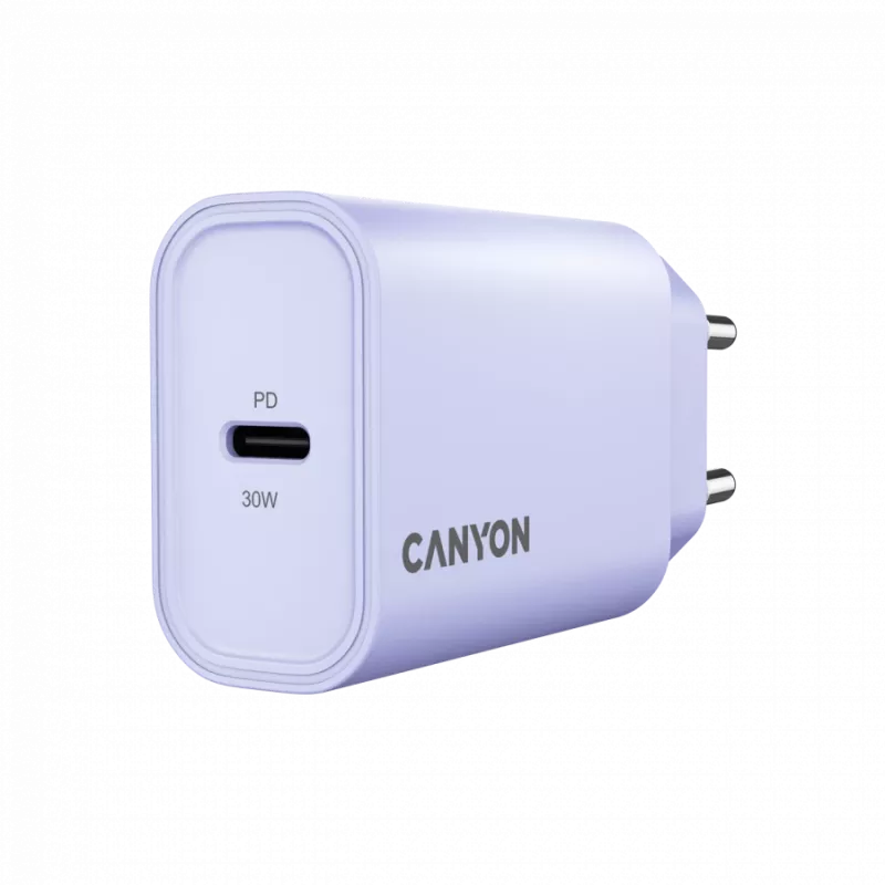 Cargador de pared CANYON OnCharge 30CL, 30W USB-C PD, 1 salida PD, enchufe EU, lila