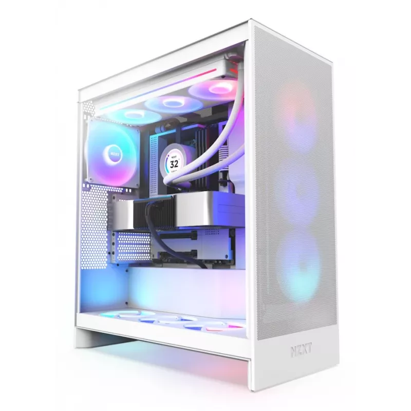 Caja de PC NZXT H7 Flow RGB Midi Tower Blanca — cristal templado, EATX, frontal 3×120mm, USB-C