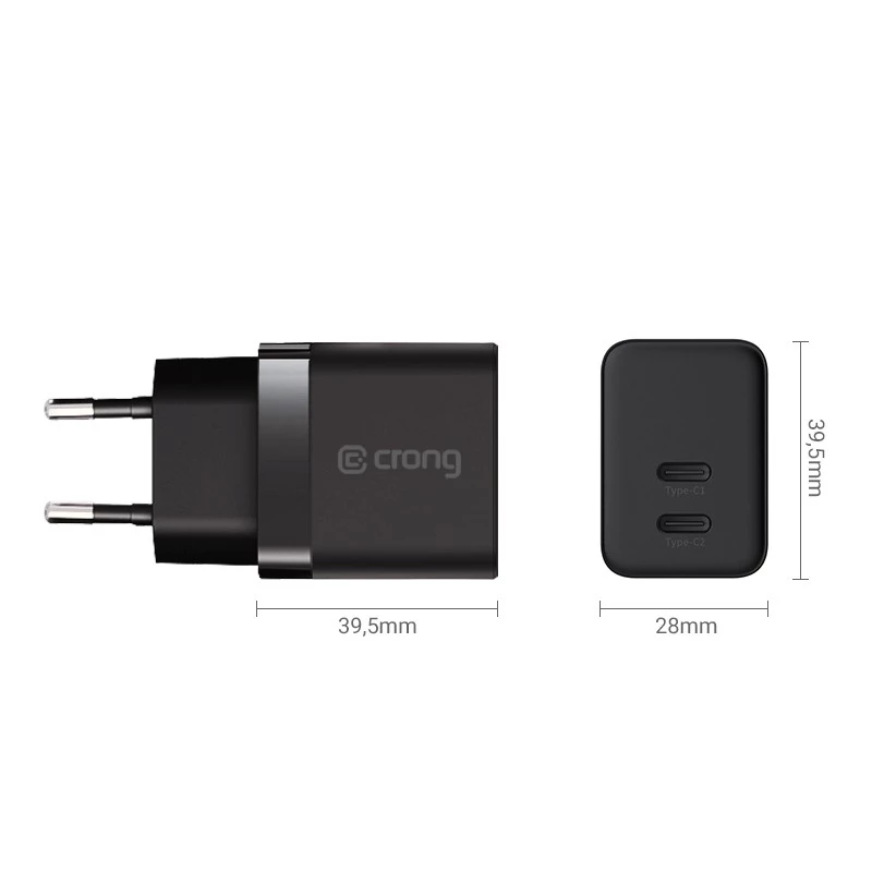Cargador de pared Crong Ultra Compact GaN 35W PD 3.0 2x USB-C (negro)
