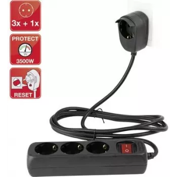 Regleta de enchufes REV 3+1 tomas con interruptor, cable de 2 m, negra
