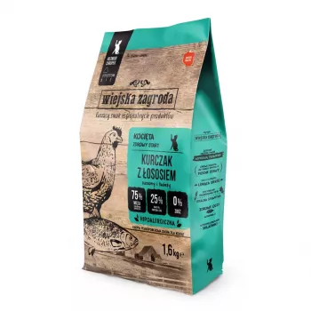 Pienso para gatos wiejskazagroda pollo con salmón 1,6 kg — junior, 44 % proteína, 18 % grasa, sin gluten ni azúcar