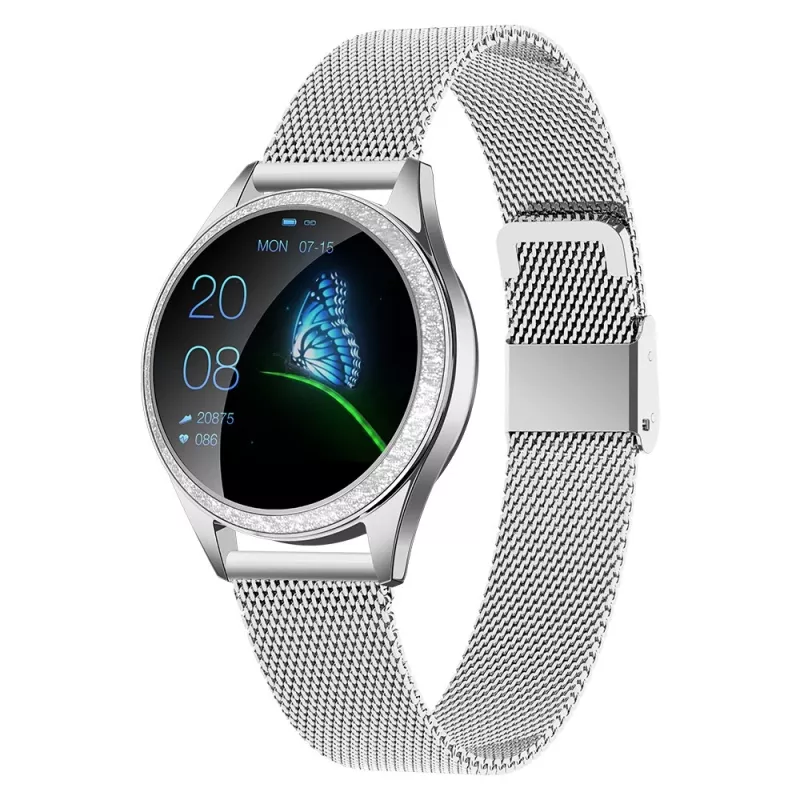 Smartwatch ORO-MED ORO-SMART CRYSTAL SILVER — caja redonda de metal, LCD 240 × 198, pantalla de 1,04 pulgadas, Bluetooth 4.0, sumergible, batería de 120 mAh