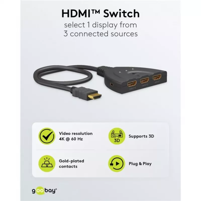 Caja conmutadora HDMI 3 a 1 (4K @ 60Hz), conmutador HDMI (negro, cable de 55cm)