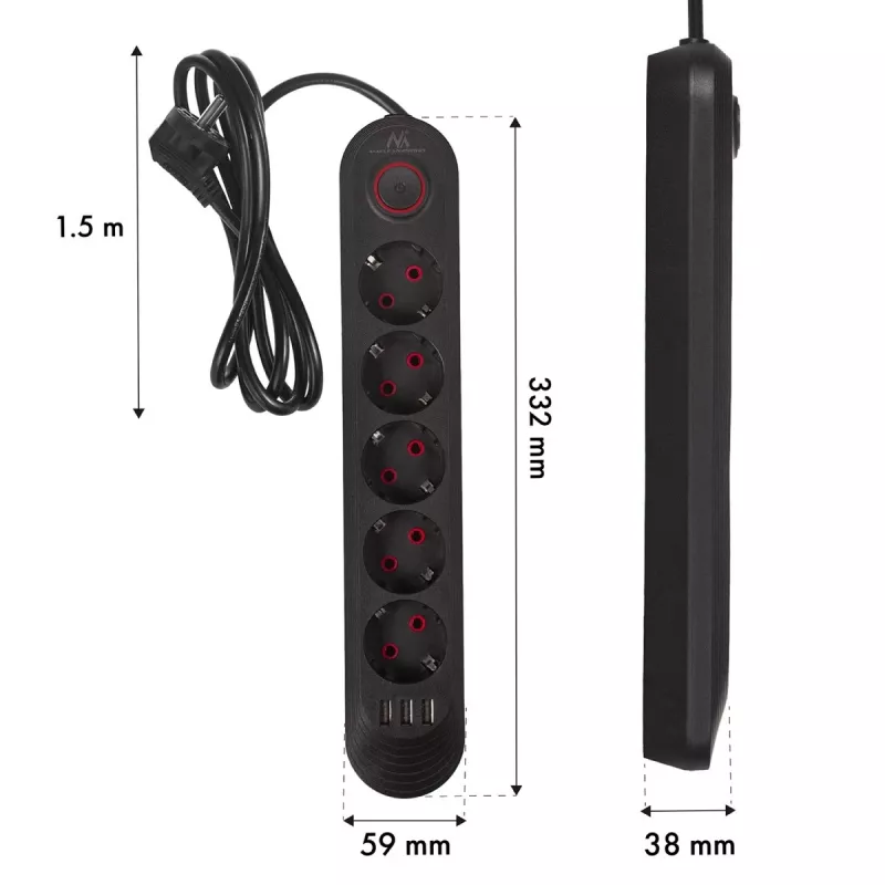 Regleta de enchufes MACLEAN MCE395 B — 5 enchufes, 3×USB, 110–240V AC, 2,1A USB, 2500W, cable de 1,5 m, negra