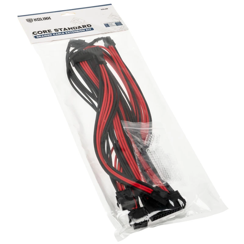 Kit de extensión de cables trenzados Kolink Core Standard – negro intenso / rojo racing, 24 pines + 8 pines + 6+2 pines + SATA