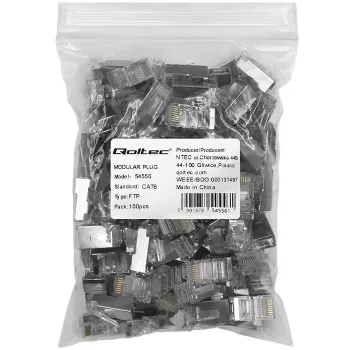 Conector modular RJ45 QOLTEC 54556 CAT6 FTP, plata, 18×22×11 mm, pack de 100