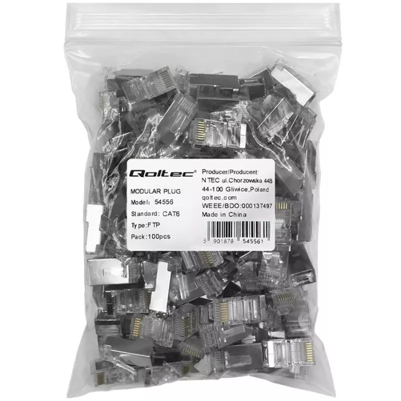 Conector modular RJ45 QOLTEC 54556 CAT6 FTP, plata, 18×22×11 mm, pack de 100