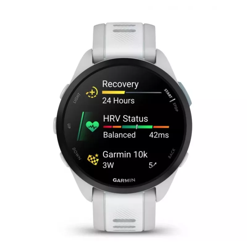 Smartwatch GARMIN Forerunner 165 — GPS, AMOLED 1,2 pulgadas, 4 GB, 5 ATM, 11 días de batería, Caja gris, Correa blanca