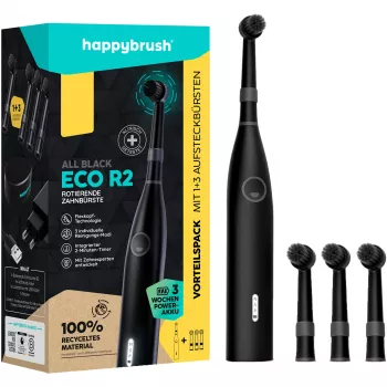 happybrush ECO R2 Allblack, adulto, cepillo de dientes vibratorio, limpieza profunda, pulido, sensible, 8800 movimientos por minuto, negro, Alemania