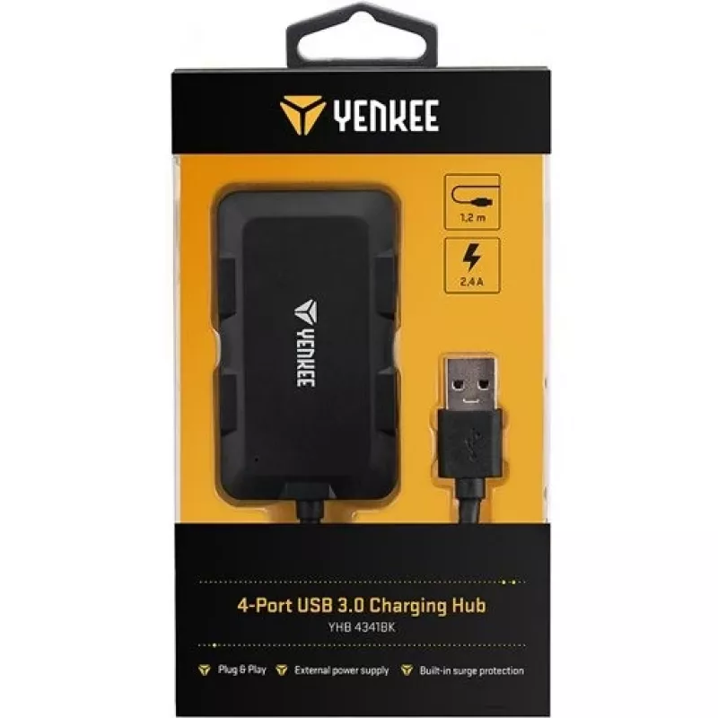 Yenkee YHB 4341BK hub USB 3.0 de 4 puertos con entrada de alimentación Micro USB