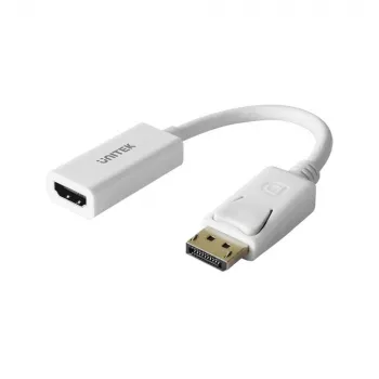 Adaptador convertidor UNITEK DisplayPort DP a HDMI 4K UHD HDTV con baño de oro, conector macho a conector hembra, con audio - Y-6332 blanco