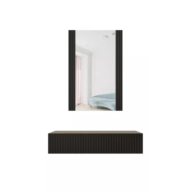 Tocador con espejo cama meble PAFOS 80×41,6×100 cm, marco de MDF, 1 cajón, negro mate