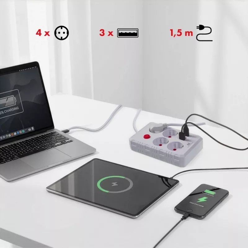 Regleta MACLEAN MCE392 W — 4 tomas de corriente F, 3×USB A, 110–240 V, 2,1 A máx., 2500 W, cable de 1,5 m, blanca