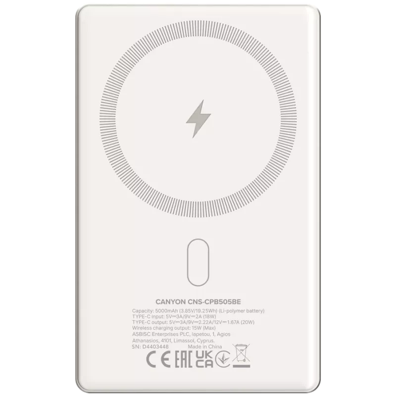 Canyon OnPower 505 - Batería portátil - 5.000 mAh - entrada USB-C - salida USB-C PD 20W + Wireless Magnet 1