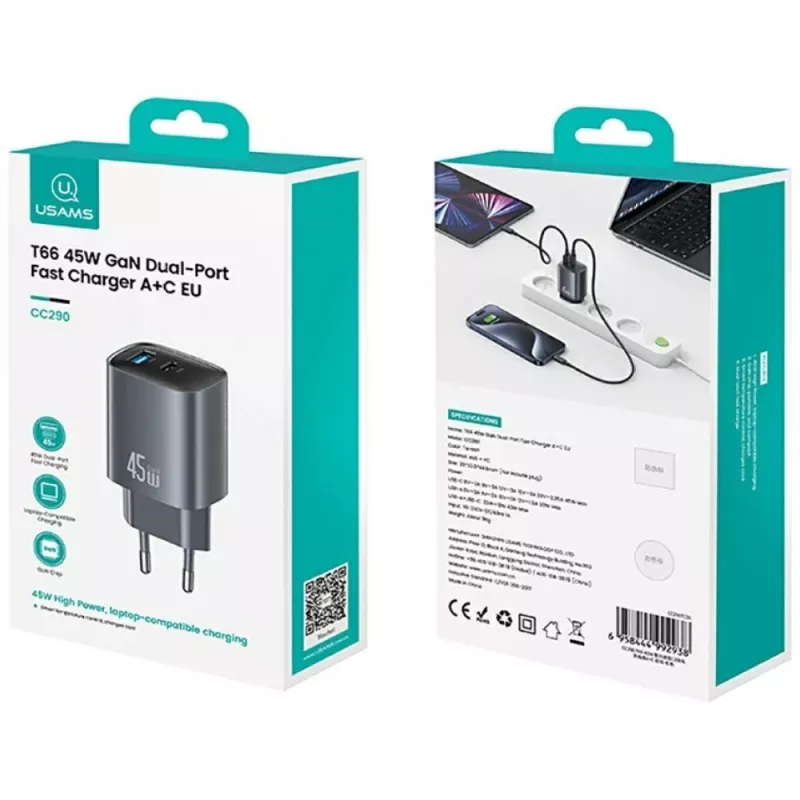 Cargador T66 45W GaN CC290 USB-A + USB-C