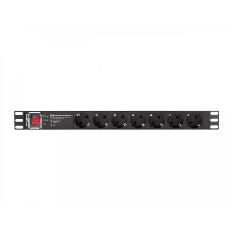 Unidad de distribución de corriente LANBERG PDU-PRO-07F-0200-BK — PDU para rack 1U, 7 tomas Type-F, 16 A, cable de 2 m, negro