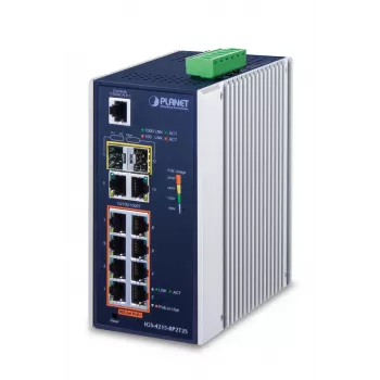 Switch gestionado PLANET IGS-4215-8P2T2S — 10x Gigabit RJ-45, 2x SFP, 8x PoE+ (240W), 48–56V DC, L2/L4, IP30, montaje en carril DIN/pared