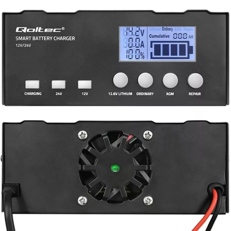 Cargador de baterías QOLTEC 52491 microprocesador 12V/12,6V/24V con LCD