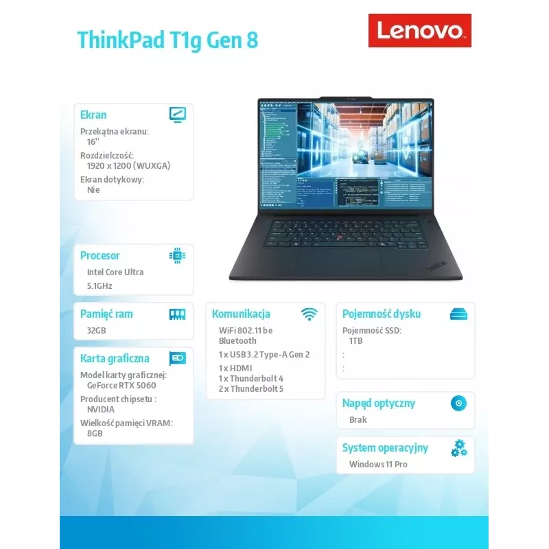 Ultrabook Lenovo ThinkPad T1G G8 CPU 255H, 32 GB RAM, 1 TB SSD, NVIDIA RTX 5080 8 GB, 16,0
