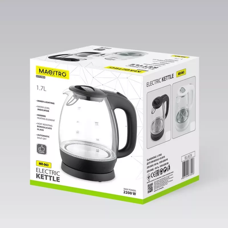 Hervidor de agua eléctrico de cristal Maestro MR-063-Negro, 2200 W, cuerpo de cristal, base inalámbrica