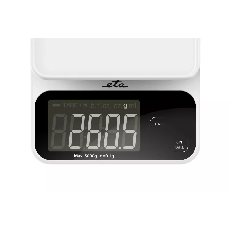 Báscula de cocina electrónica ETA POPI blanca — máx. 5 kg, precisión 1 g, pantalla LCD, pilas AAA