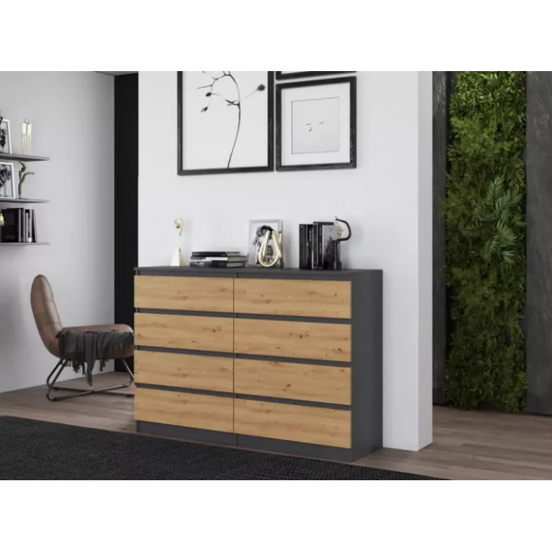 Cómoda Top e shop M8 140 ANT/ART — 8 cajones, antracita/roble, 1380×400×970 mm, tablero de partículas