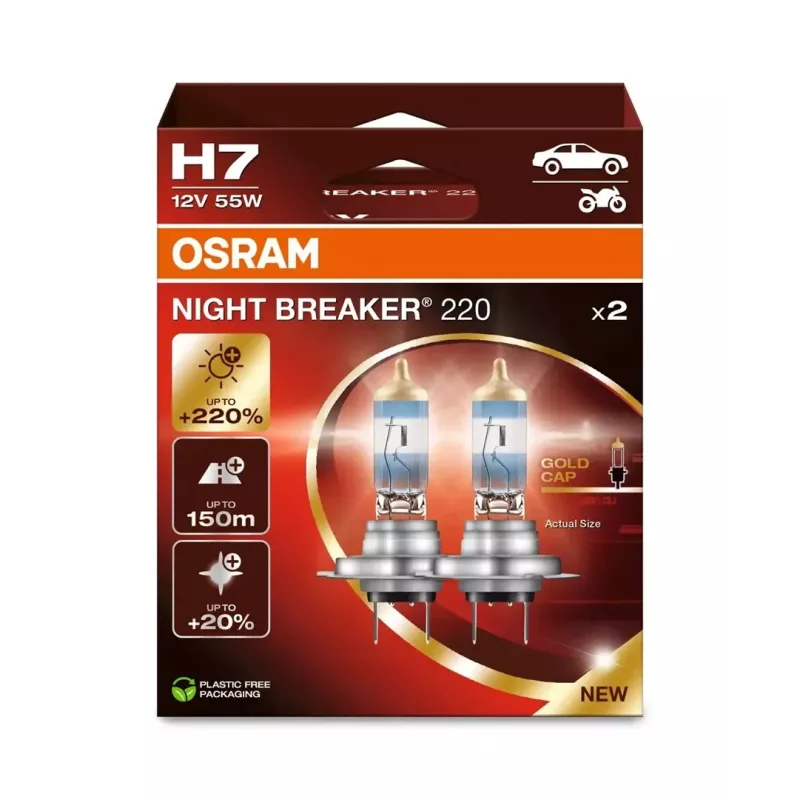 Lámpara de faro halógena Osram H7 NIGHT BREAKER 220 — pack doble (modelo 64210NB220-2HB)