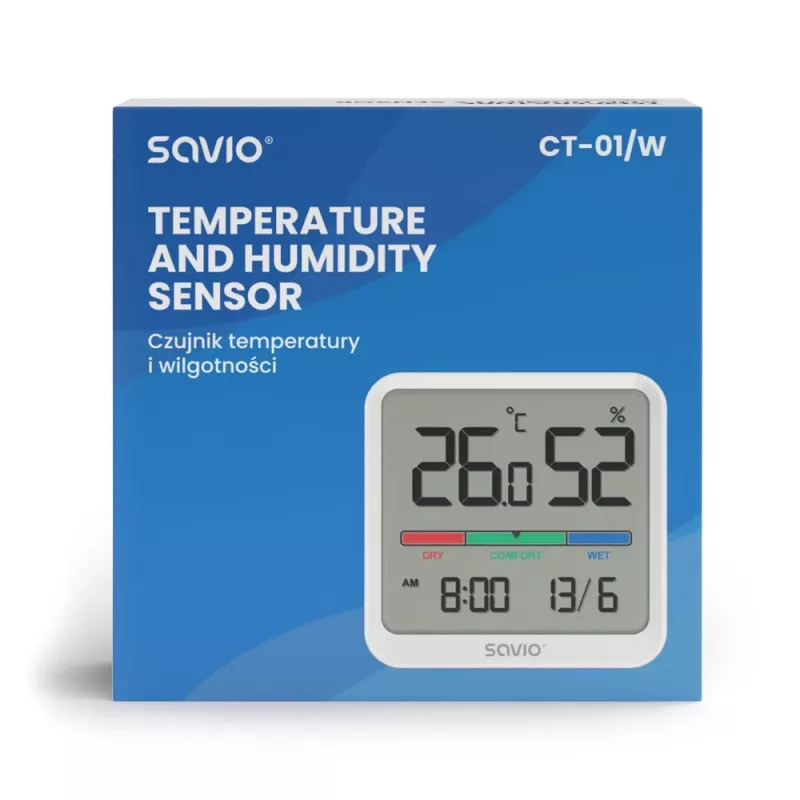 Sensor de temperatura y humedad interior SAVIO CT-01/W, pantalla LCD, -10–55 °C, 10–99 % HR, pila CR2032