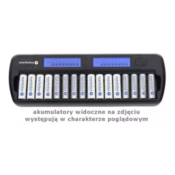 Cargador de baterías everActive NC-1600 — cargador universal DC para Li-Ion, compatible con 16 celdas, tamaños compatibles AA/AAA/C, negro, AC 100–240V 50–60Hz