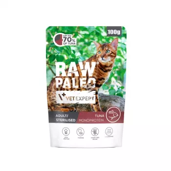 Comida húmeda para gatos VETEXPERT Raw Paleo Adult Sterilised Atún 100 g bolsa, proteína 10,3%, grasa 4%, humedad 77%