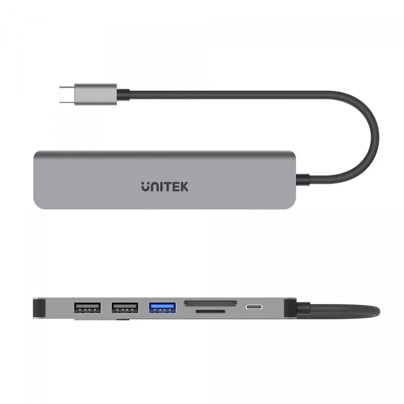 Hub USB-C Unitek 7en1 aluminio PD 100W 5 Gbps — adaptador multipuerto con Power Delivery
