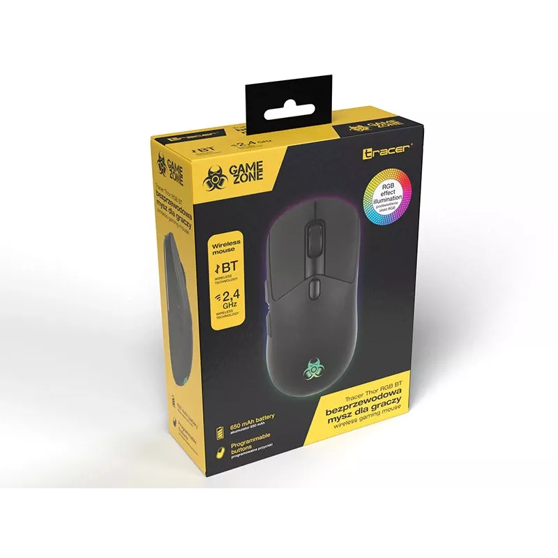 Tracer GameZone Thor RGB ratón gaming inalámbrico, 2,4 GHz + Bluetooth, 10000 DPI, negro