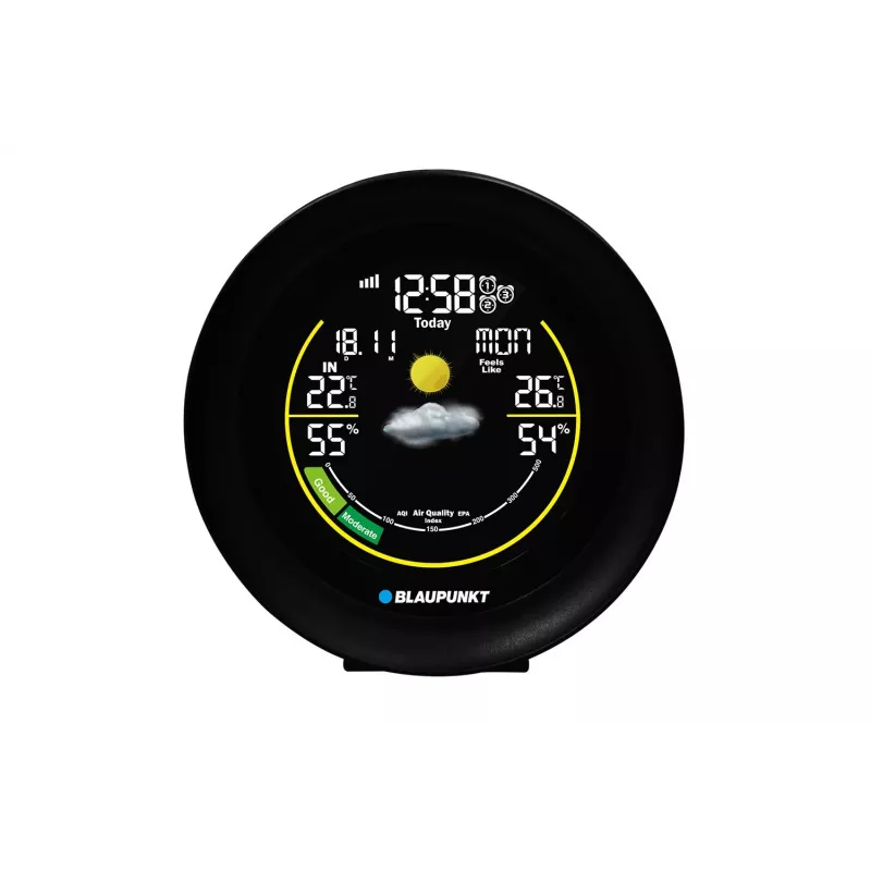 Estación meteorológica BLAUPUNKT WS35BK APP – pantalla LCD, temperatura y humedad, alarma, calendario, conectividad por app, 94×94×27 mm