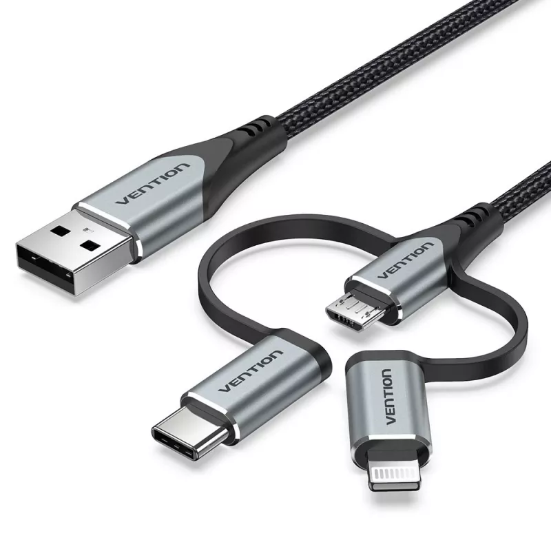 Cable Vention USB 2.0 conector macho A a conector macho 3 en 1 Micro-B&USB-C&Lightning 1M Gris Aleación de aluminio
