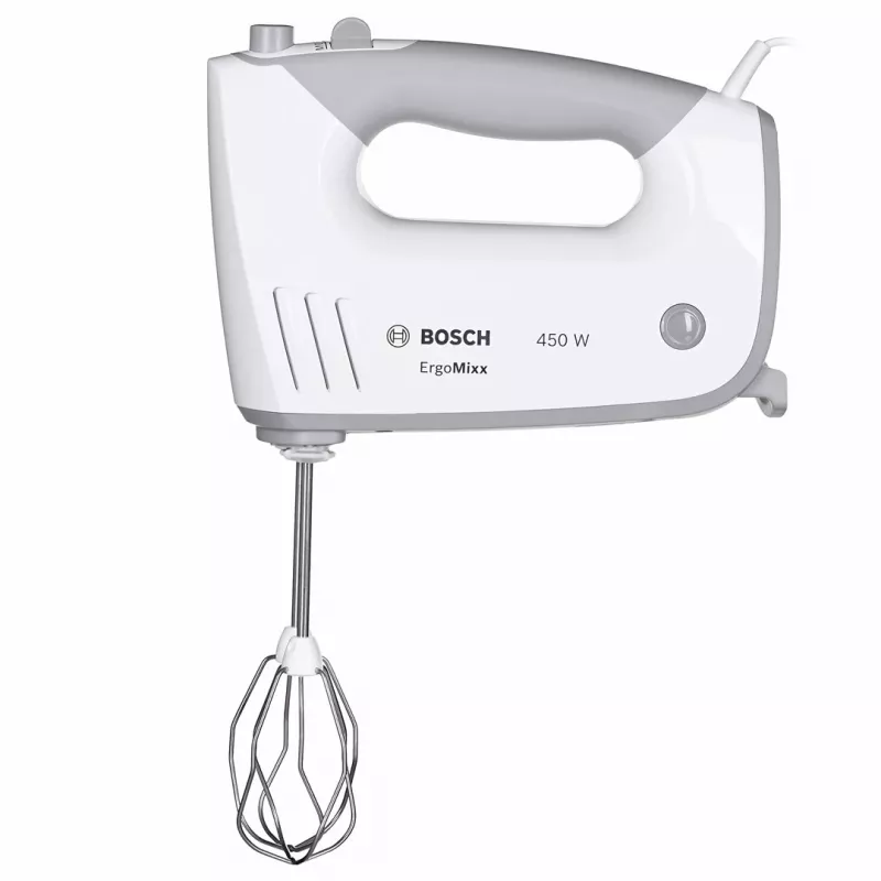 Batidora de mano Bosch MFQ36480 – 450 W, 5 velocidades con turbo, gris/blanco, varillas y ganchos amasadores