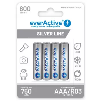 Pilas recargables AAA NiMH everActive EVHRL03-800 – 1,2 V, 4 uds., cilíndricas 44,5×10,5 mm