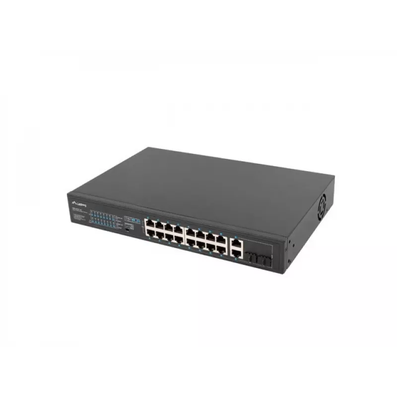 Lanberg RSFE-16P-2C-150 switch PoE+ no gestionable, 16x 10/100 PoE+, 2x combo Gigabit, 150 W, rack 1U