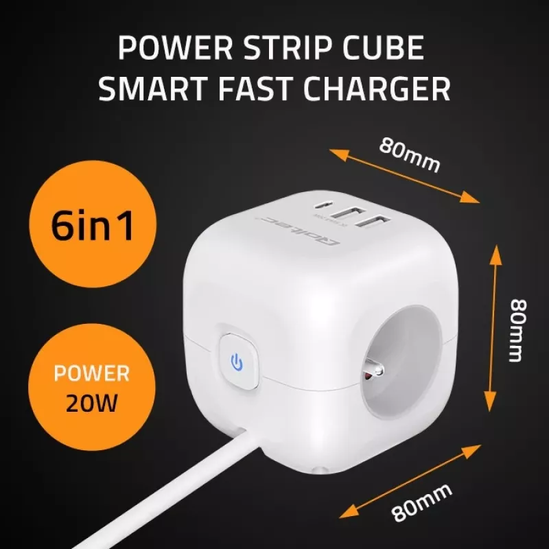 Regleta QOLTEC 52547 Power Cube 3 tomas AC, 2 USB-A, 1 USB-C PD 20W