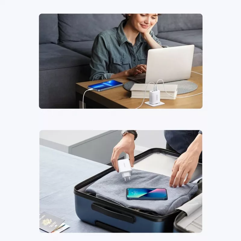 Cargador de pared UGREEN CD275 2× USB Type-C 65W Blanco — Doble USB-C 65W carga rápida, entrada 100–240V