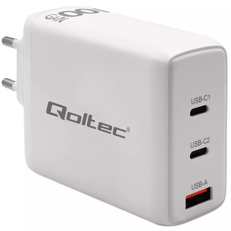 Cargador QOLTEC 100W GaN USB-C Dual PD 5–20V 1,5–5A, 2×USB-C