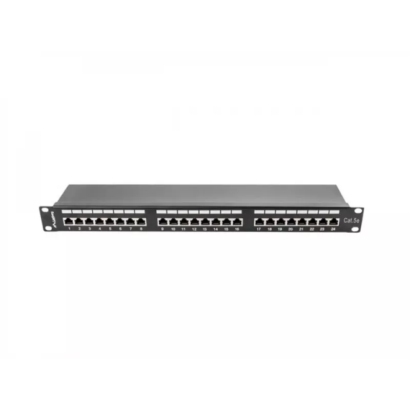 Patch panel 1U LANBERG PPS5-1024-B — 24 puertos RJ-45 Cat5, metal, negro, montaje en rack