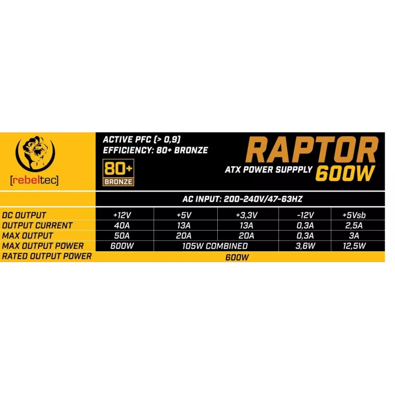 Fuente de alimentación RAPTOR 600W BRONZE 80+, Single Rail, DC-DC