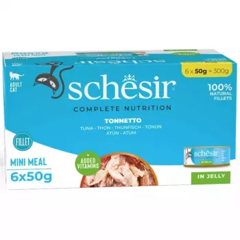 Comida húmeda para gatos Agras Pet Foods Schesir atún en gelatina 6×50 g (300 g), monoproteica, gatos adultos, sin soja ni gluten
