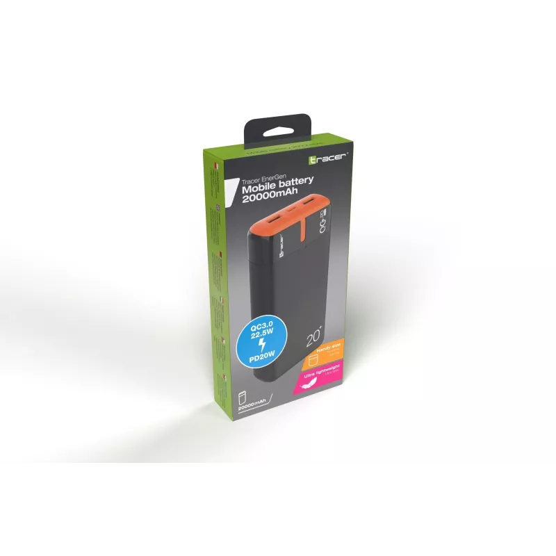 Cargador portátil TRACER EnerGen 20000 mAh, Power Delivery 20W, entrada USB-C, 2 salidas USB-A, soporte para 3 dispositivos, naranja