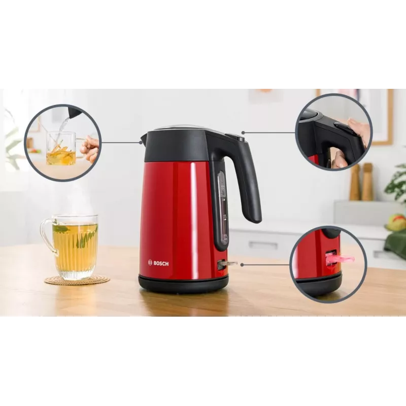 Hervidor eléctrico Bosch TWK7L464 – capacidad 1,7 L, 2400 W, rojo, carcasa de plástico