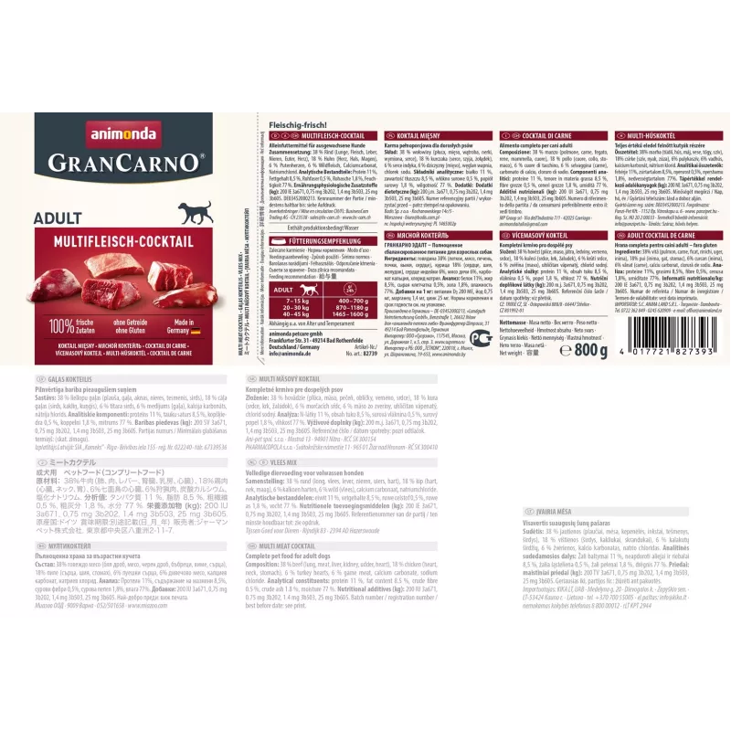 Comida húmeda para perros Animonda GranCarno Multi Meat Cocktail 800 g — ternera, pollo, caza, corazón, pavo, adult